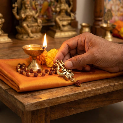 Rudraksha Mala with OM Trishul Pendant – 108+1 Beads