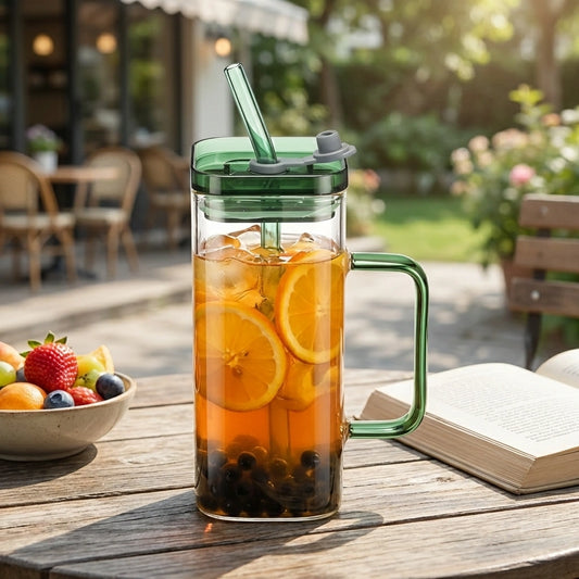 Square Glass with Lid and Straw