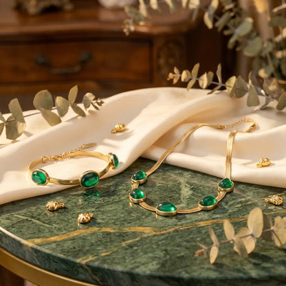Oval Green Crystal Pendant Necklace Set With Bracelet