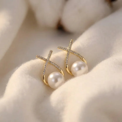 Korean Studded Cross Pearl Stud Earrings