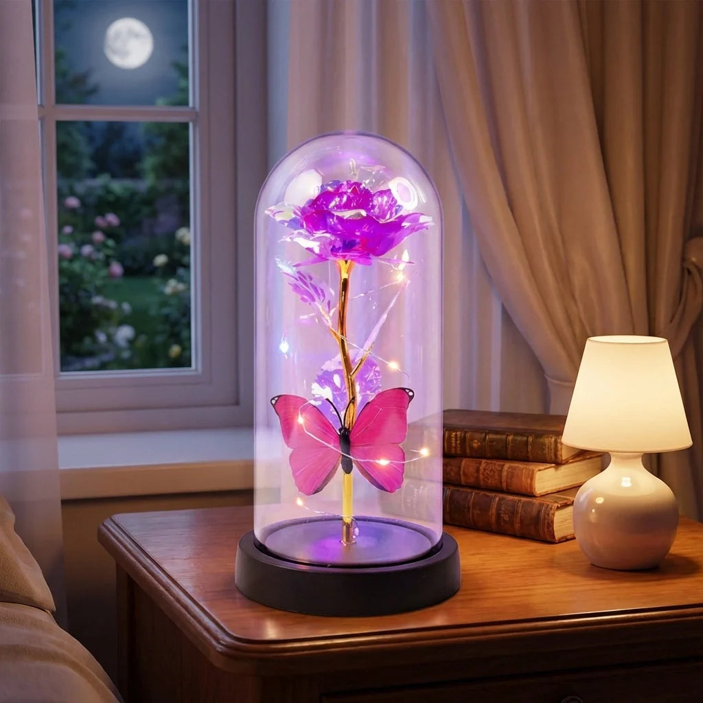 Led Decorative Rose With Butterfly In Transparent Plastic Dome (1 Pc  Battery Not Included)