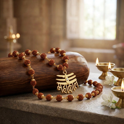 Rudraksha Mala with Gold-Plated Brass Pendant – 108 Beads
