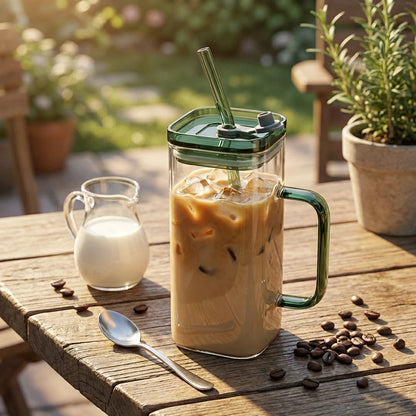 Square Glass with Lid and Straw
