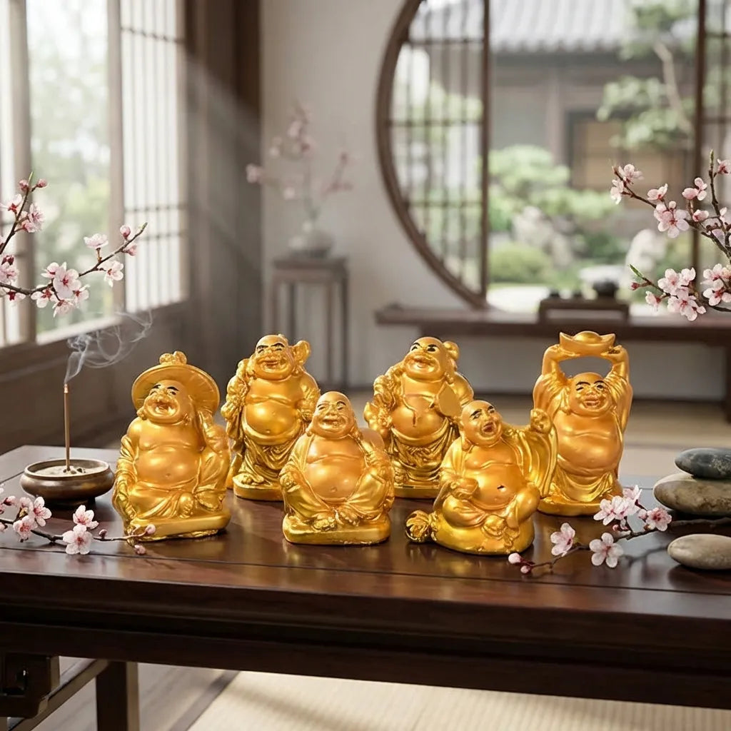 Golden Laughing Buddha Set Of Six Pieces Statue
