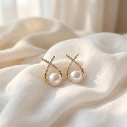 Korean Studded Cross Pearl Stud Earrings