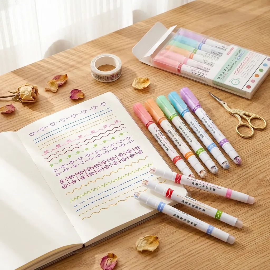 Linear Roller Color Pens Highlighters with 6 Different Curve Shapes (Set of 6)