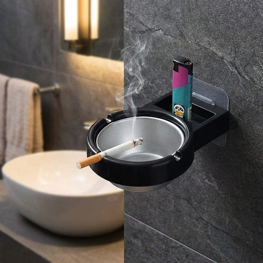 Stainless Steel Wall-Mounted Ashtray & Cigarette Lighter Storage Rack