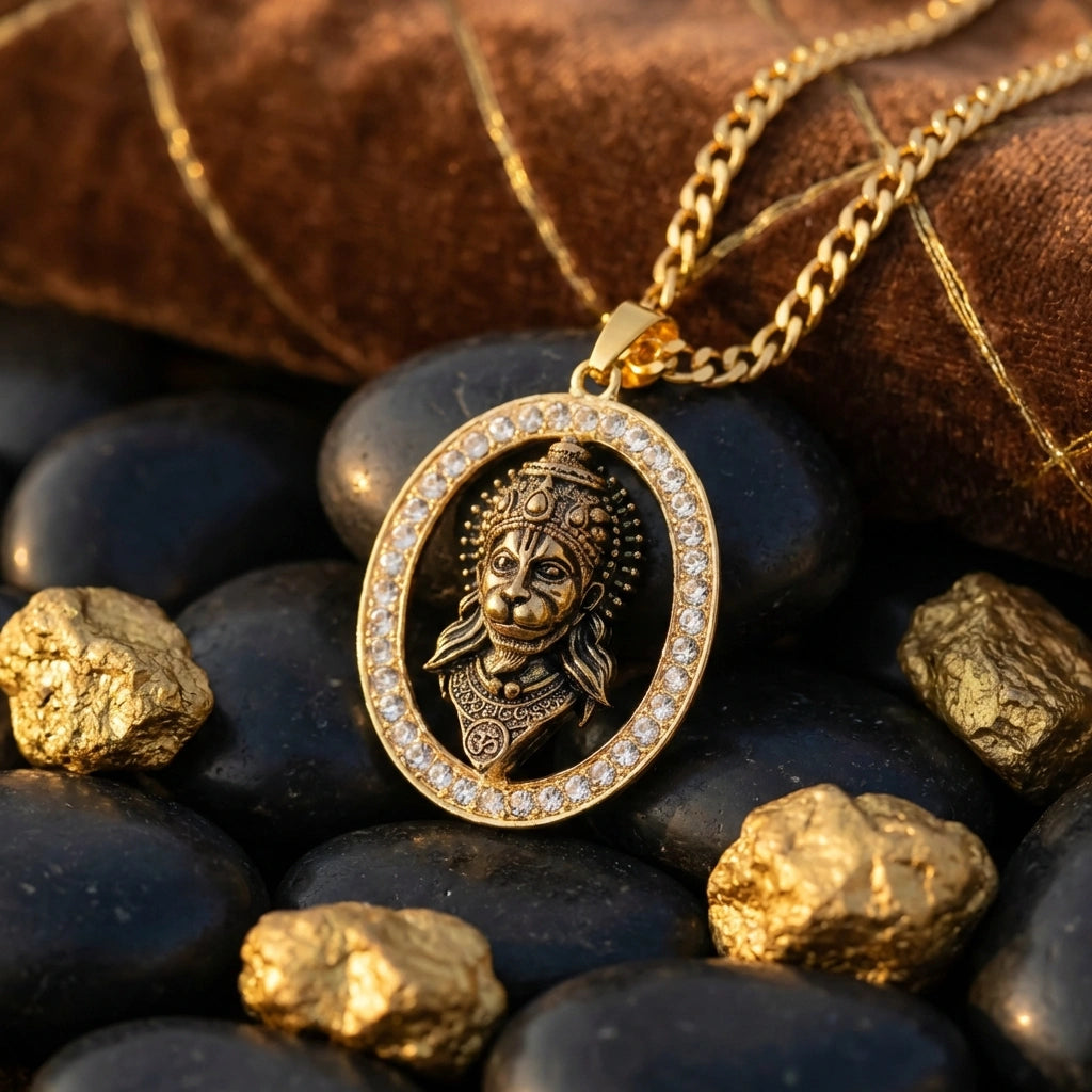 Gold-Plated Hanuman Face Pendant with Stone