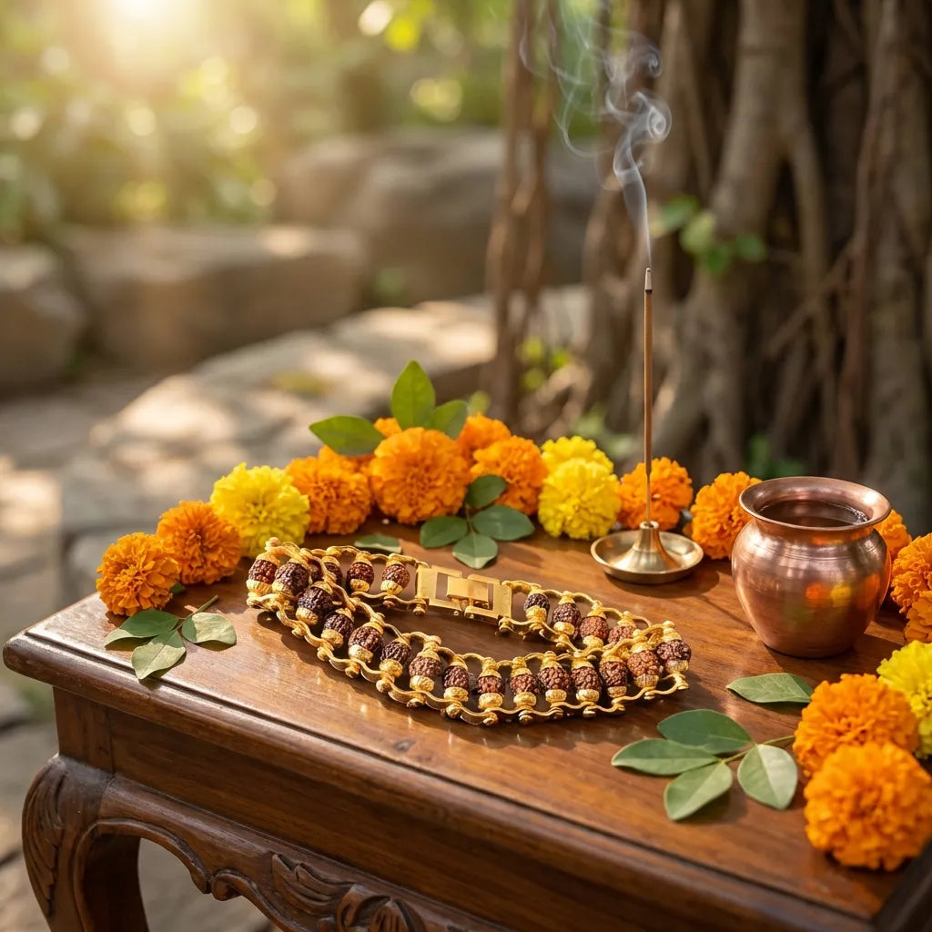 5 Mukhi Rudraksha Bracelet – Gold-Plated Alloy Beads, Convertible Jewelry for Men & Women