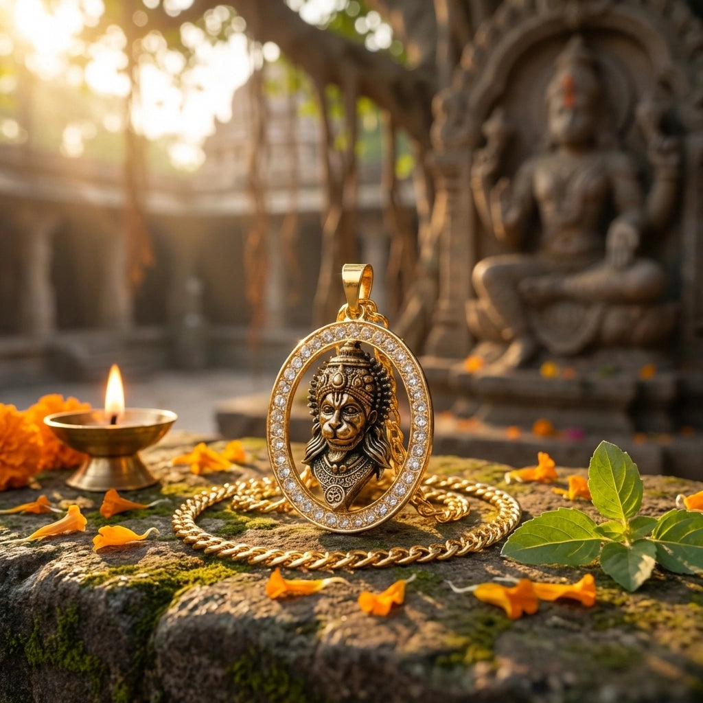 Gold-Plated Hanuman Face Pendant with Stone