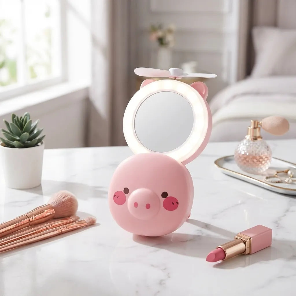 Cartoon Cute Pig LED Lights Mirror Pocket Fan