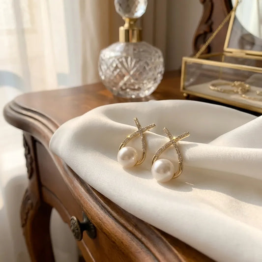 Korean Studded Cross Pearl Stud Earrings
