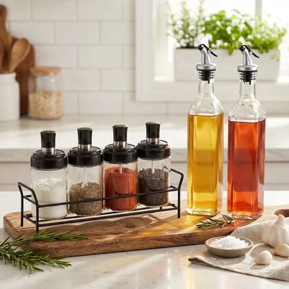 Glass Oil Dispenser & Spice Jar Set – 5 Pcs