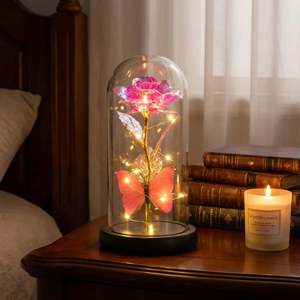 Led Decorative Rose With Butterfly In Transparent Plastic Dome (1 Pc  Battery Not Included)