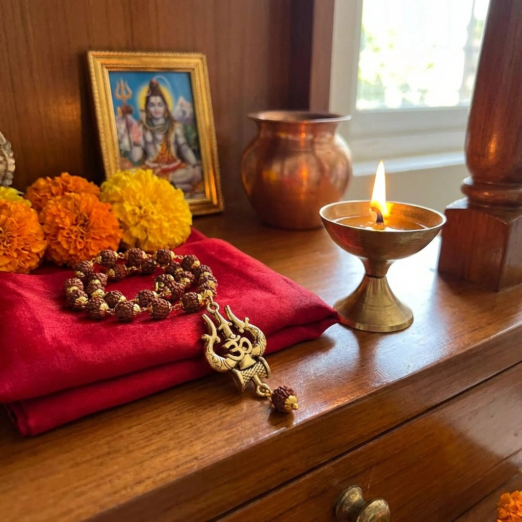 Rudraksha Mala with OM Trishul Pendant – 108+1 Beads