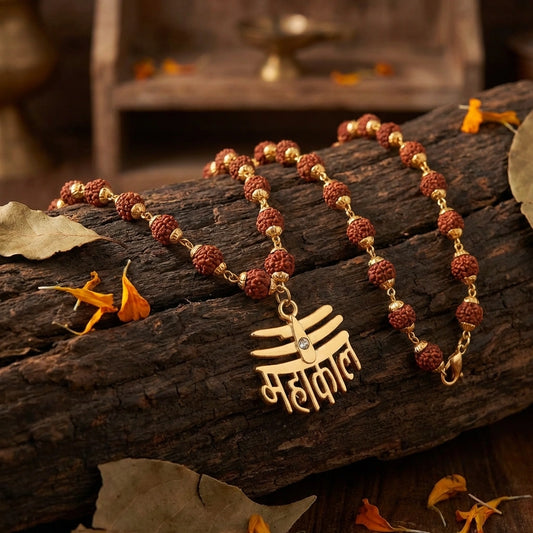 Rudraksha Mala with Gold-Plated Brass Pendant – 108 Beads
