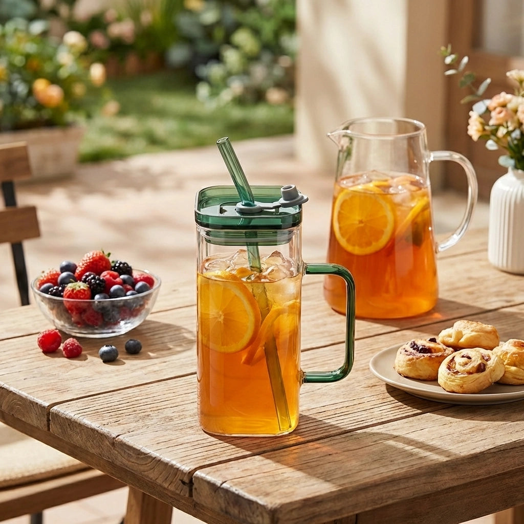 Square Glass with Lid and Straw