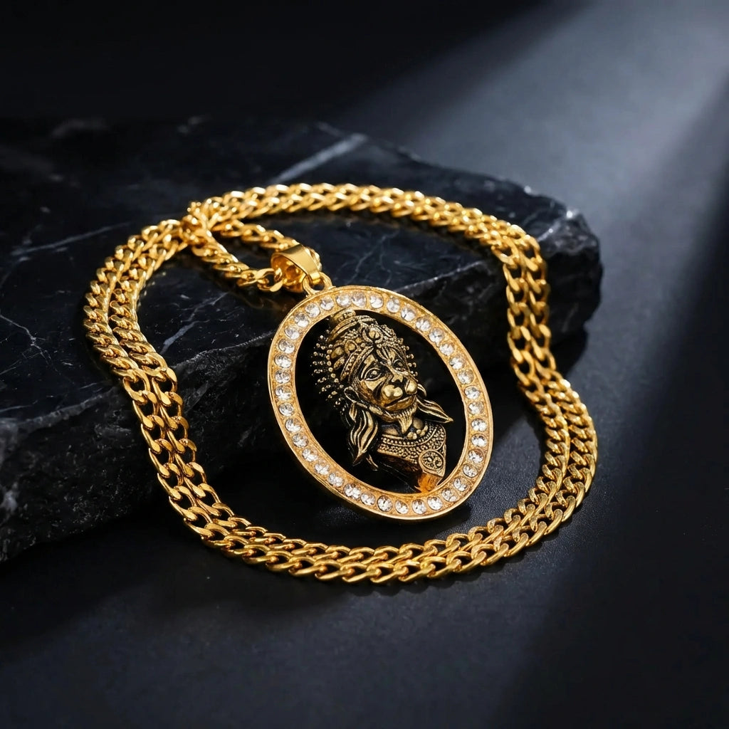 Gold-Plated Hanuman Face Pendant with Stone