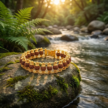 5 Mukhi Rudraksha Bracelet – Gold-Plated Alloy Beads, Convertible Jewelry for Men & Women