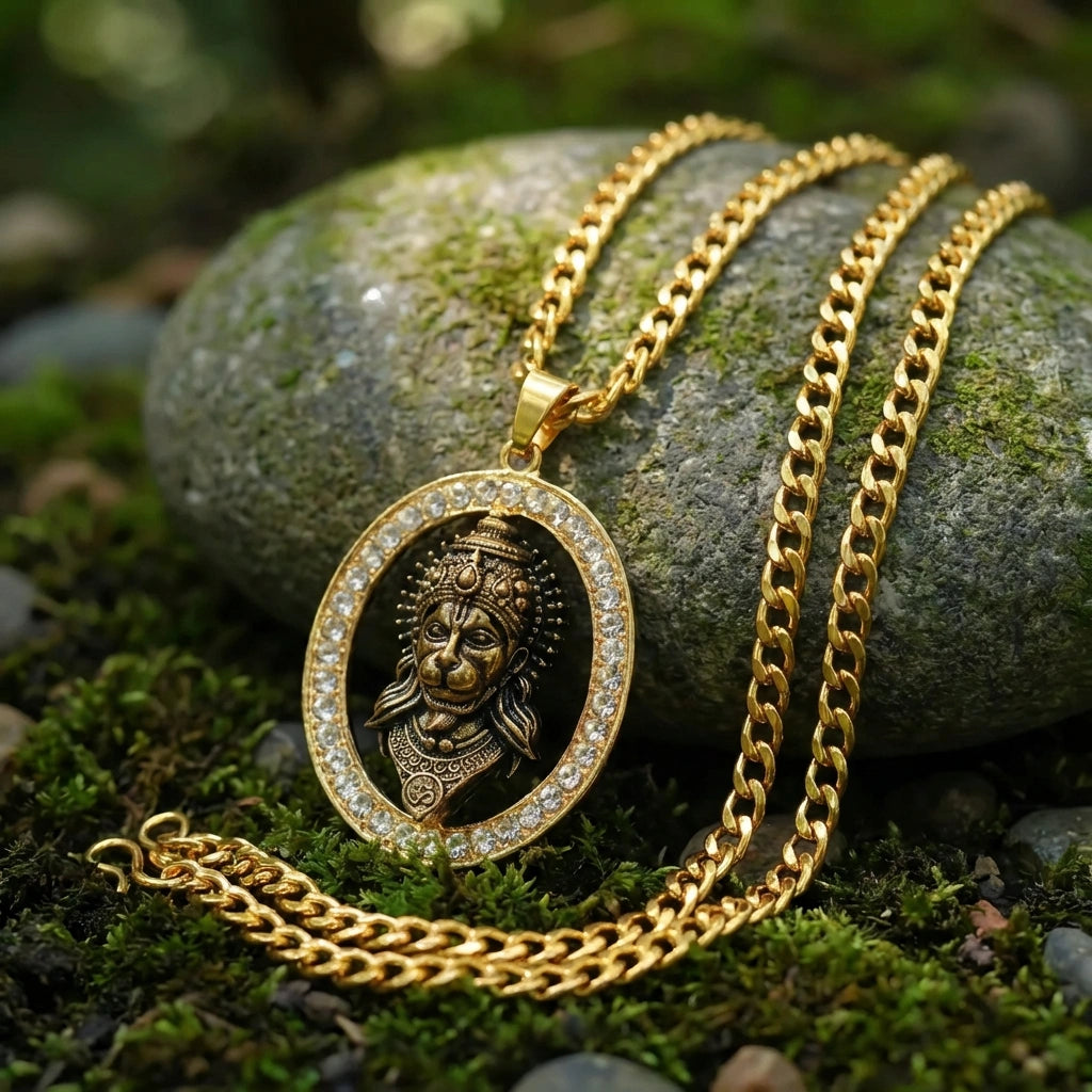 Gold-Plated Hanuman Face Pendant with Stone