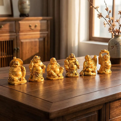 Golden Laughing Buddha Set Of Six Pieces Statue