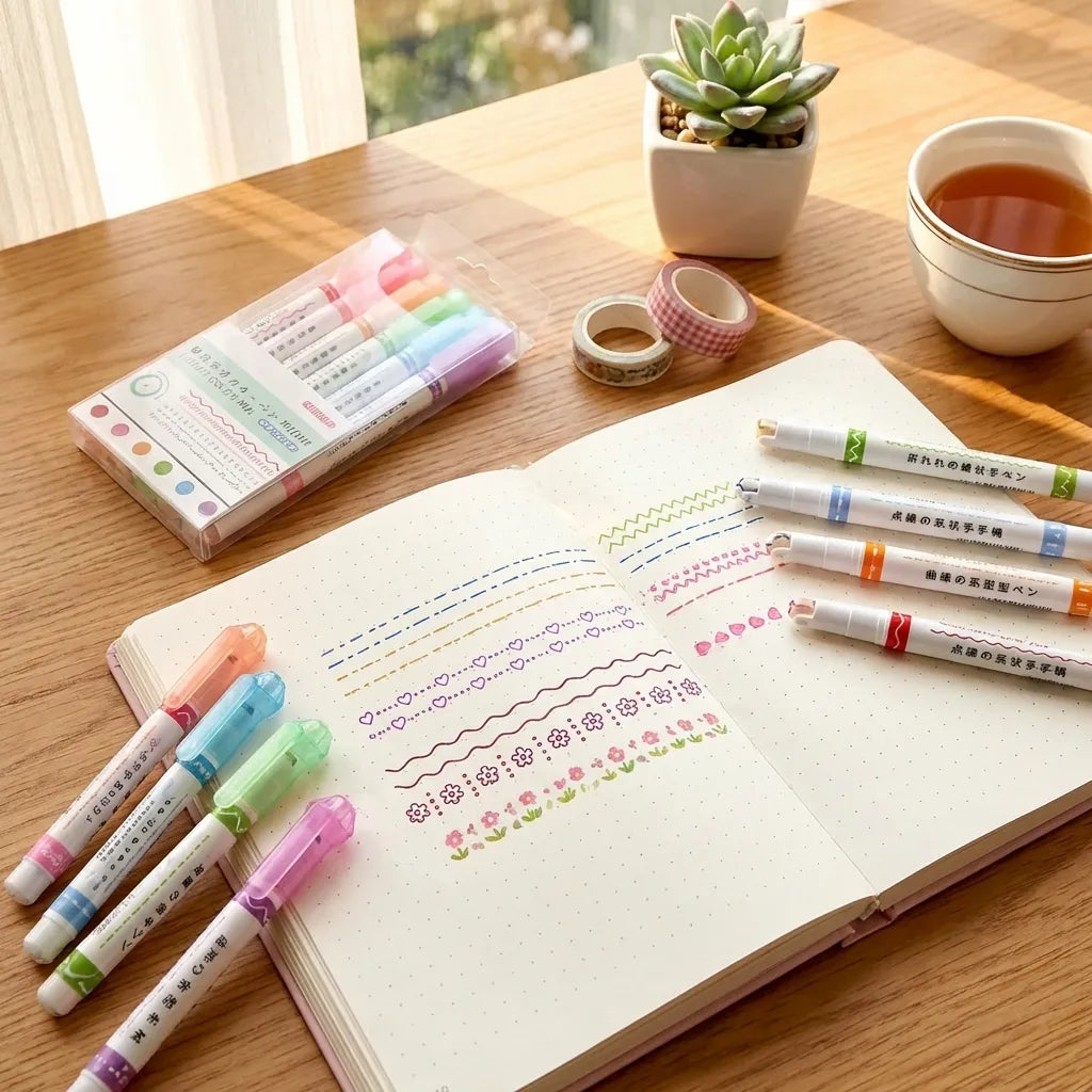 Linear Roller Color Pens Highlighters with 6 Different Curve Shapes (Set of 6)