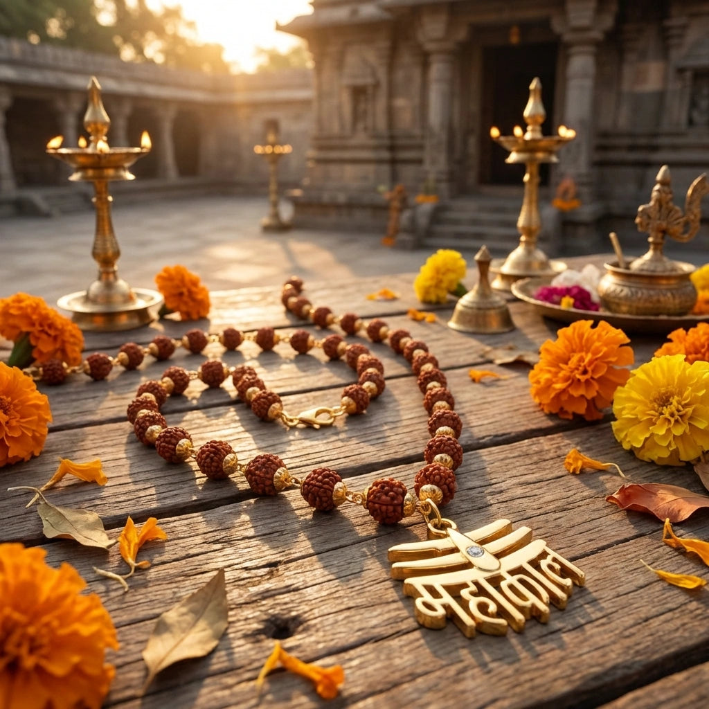 Rudraksha Mala with Gold-Plated Brass Pendant – 108 Beads