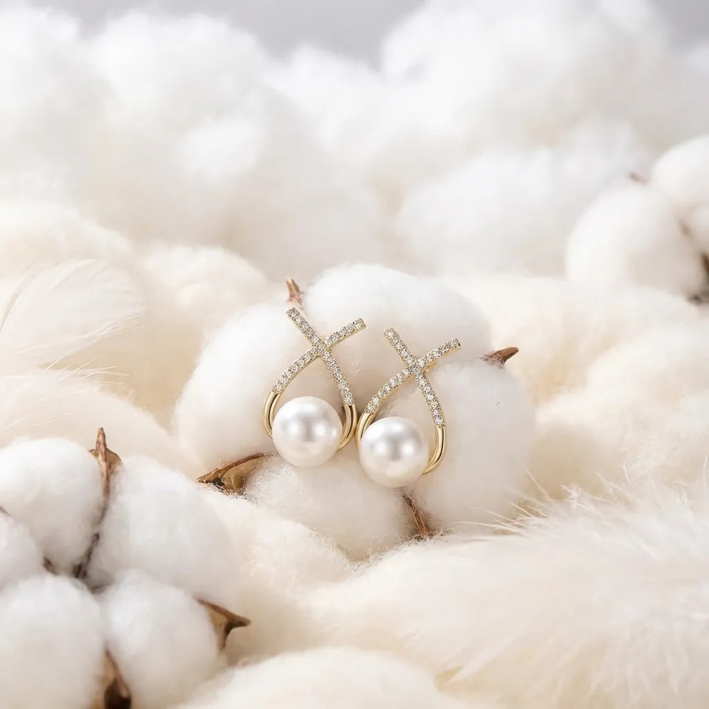 Korean Studded Cross Pearl Stud Earrings