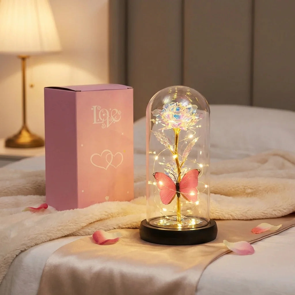 Led Decorative Rose With Butterfly In Transparent Plastic Dome (1 Pc  Battery Not Included)