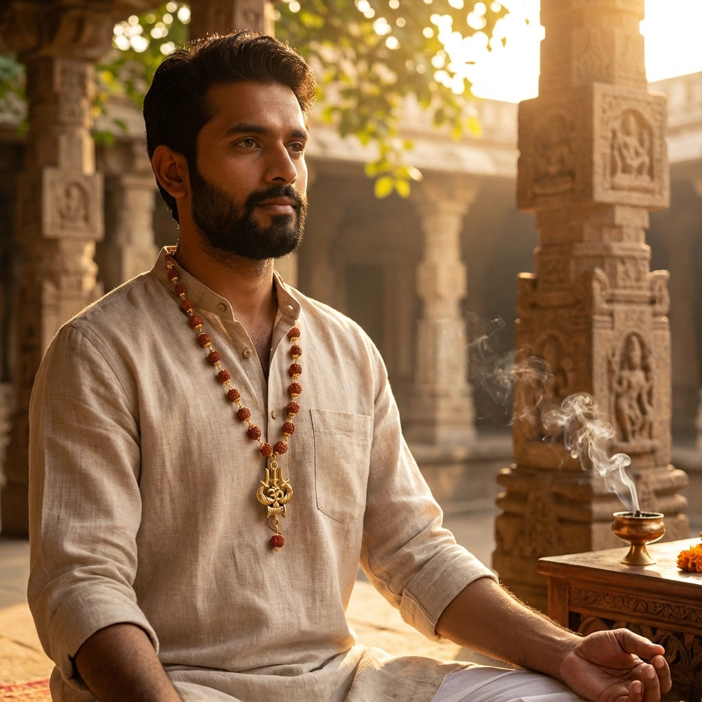 Rudraksha Mala with OM Trishul Pendant – 108+1 Beads