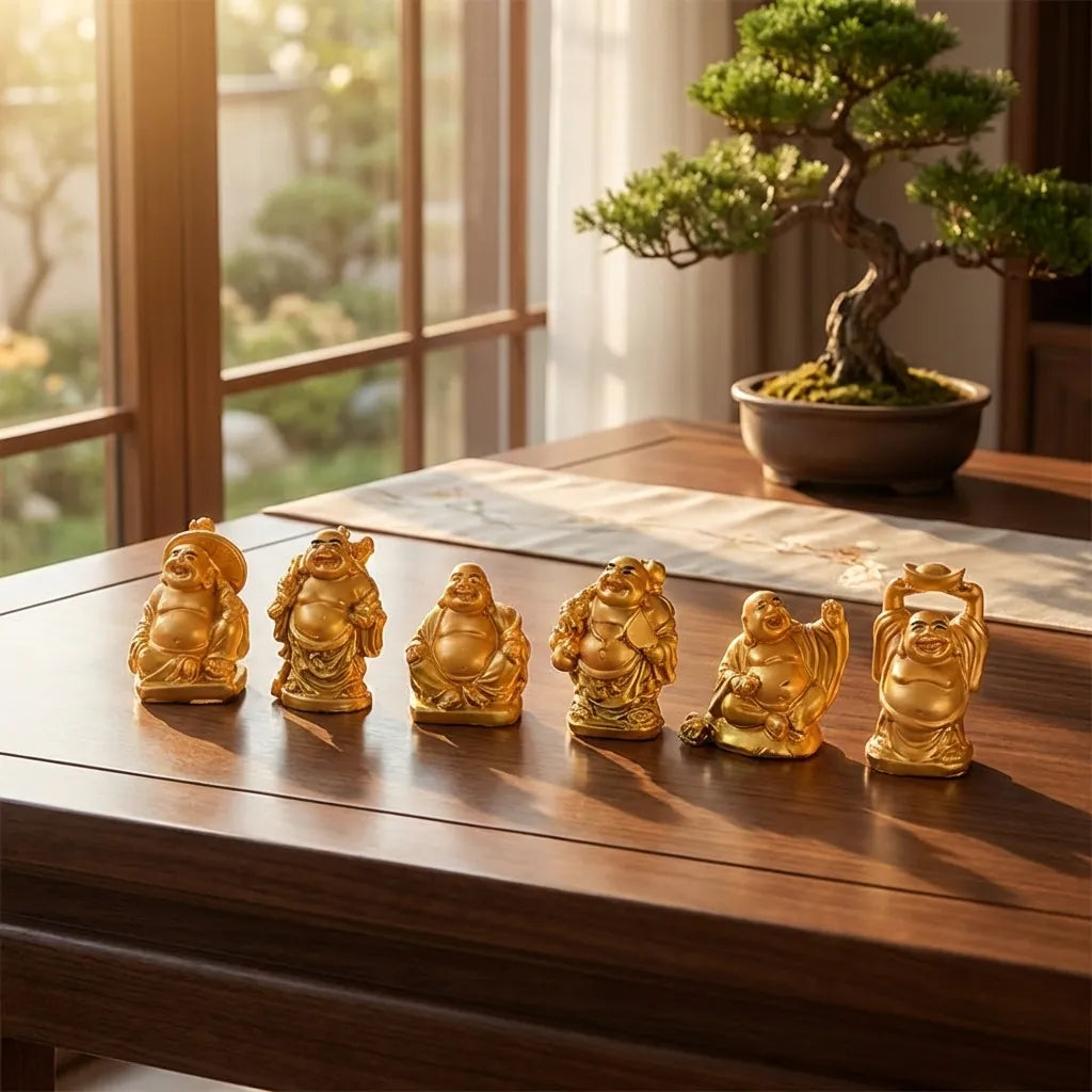 Golden Laughing Buddha Set Of Six Pieces Statue