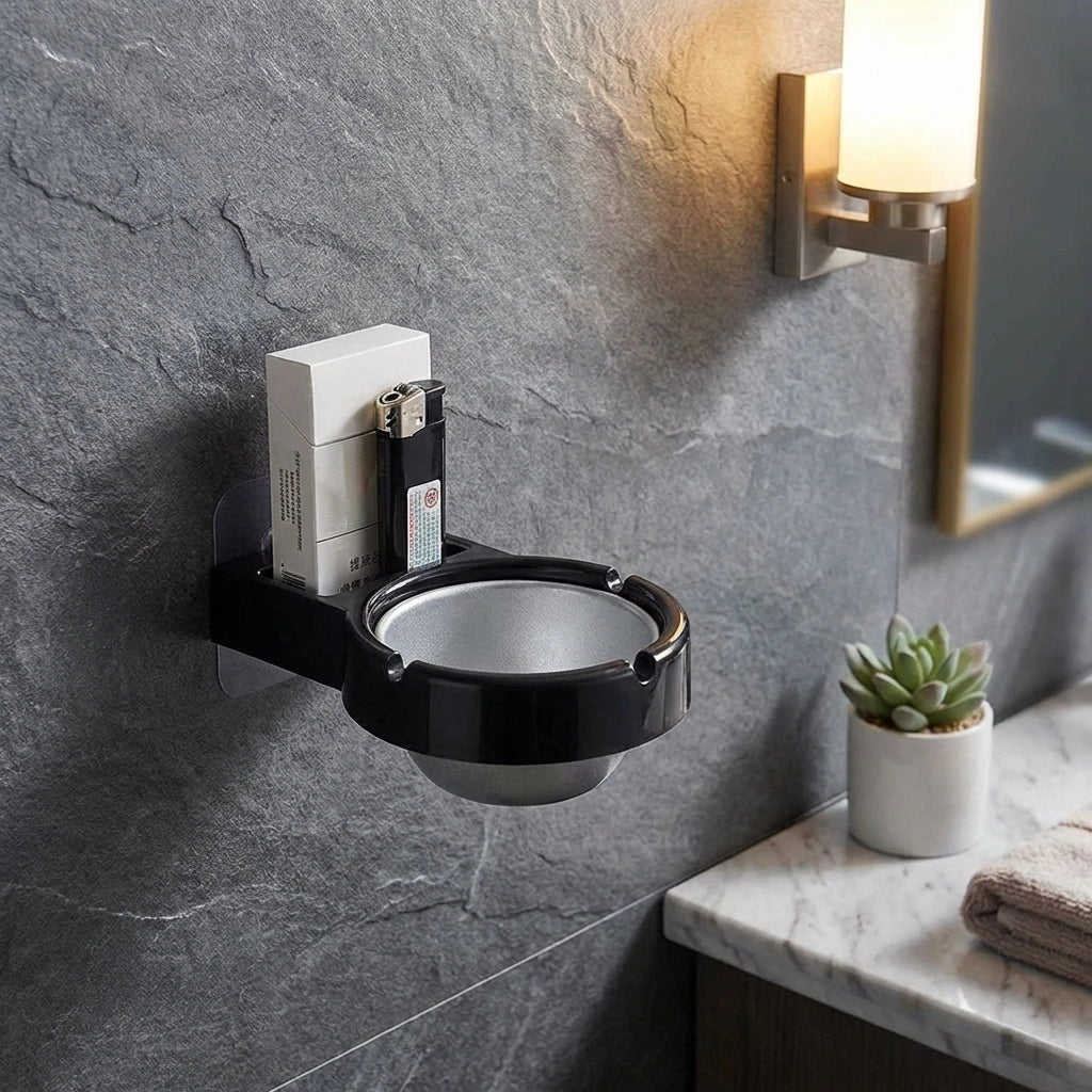 Stainless Steel Wall-Mounted Ashtray & Cigarette Lighter Storage Rack