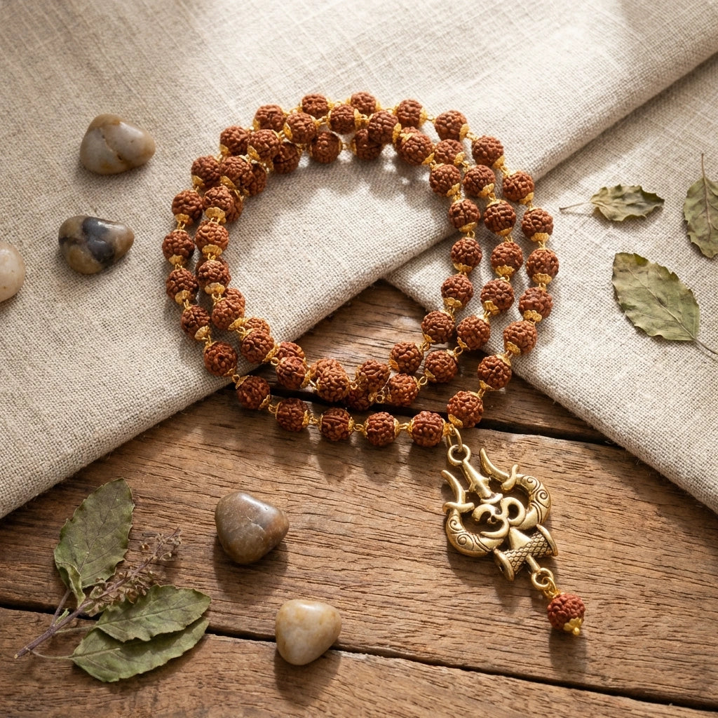 Rudraksha Mala with OM Trishul Pendant – 108+1 Beads