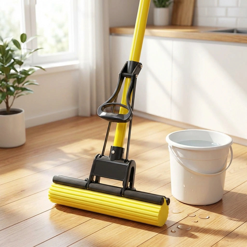 Folding Sponge Mop with Stainless Steel Handle – Easy Wring