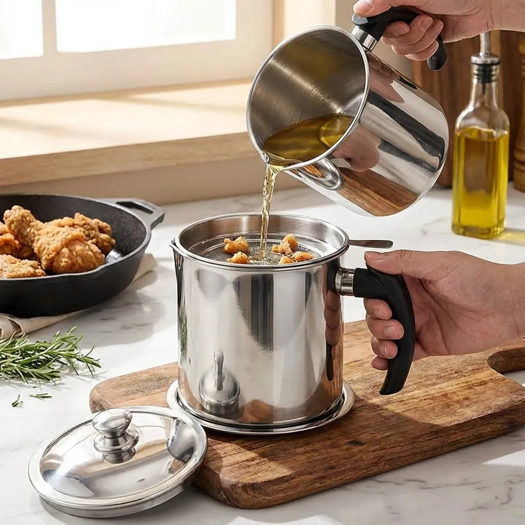 Stainless Steel Oil Pot With Filter & Lid