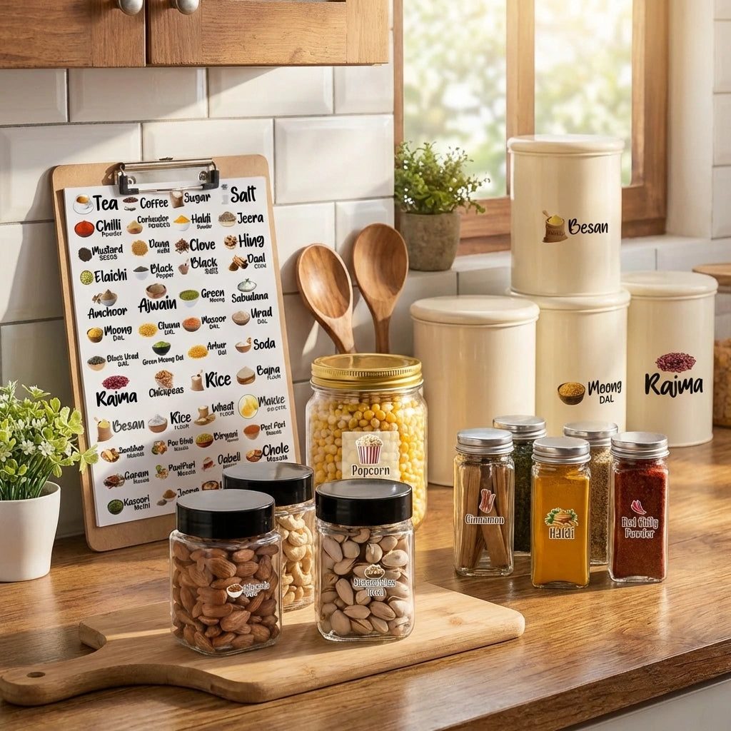 3D Waterproof Kitchen Spice Jar Label Stickers (Pack of 1 - 60 Stickers)