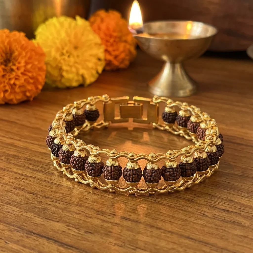 5 Mukhi Rudraksha Bracelet – Gold-Plated Alloy Beads, Convertible Jewelry for Men & Women