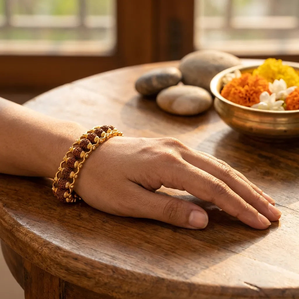 5 Mukhi Rudraksha Bracelet – Gold-Plated Alloy Beads, Convertible Jewelry for Men & Women