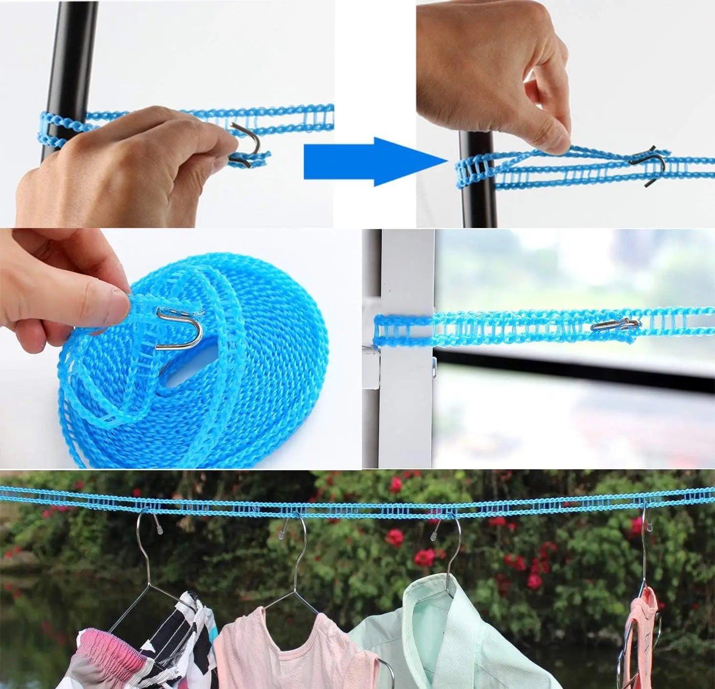 Anti Slip Clothes Washing Line Drying Nylon Rope with Hooks
