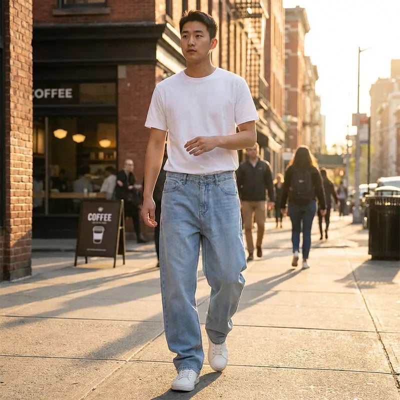 Men's Loose Fit Mid Rise Light Blue Jeans