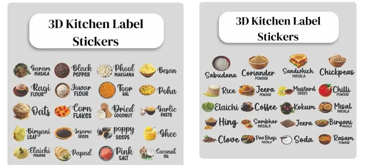 3D Waterproof Kitchen Spice Jar Label Stickers (Pack of 1 60 Stickers)