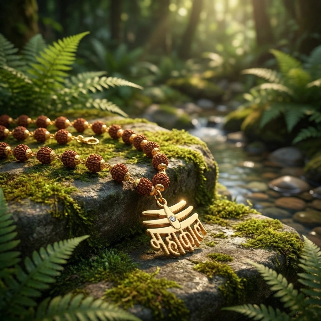 Rudraksha Mala with Gold-Plated Brass Pendant – 108 Beads