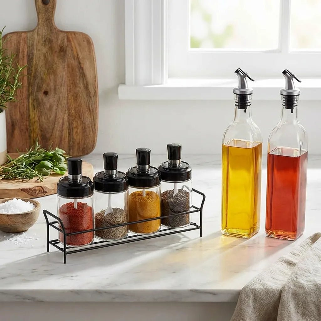 Glass Oil Dispenser & Spice Jar Set – 5 Pcs