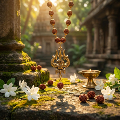 Rudraksha Mala with OM Trishul Pendant – 108+1 Beads