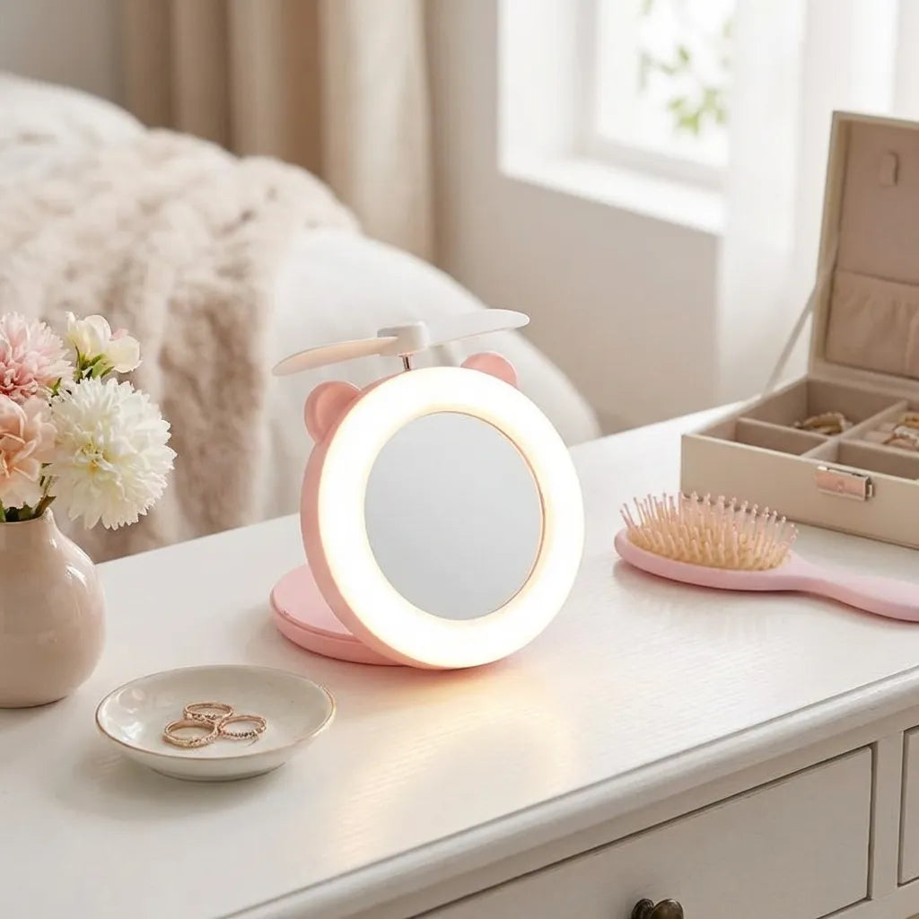 Cartoon Cute Pig LED Lights Mirror Pocket Fan