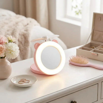 Cartoon Cute Pig LED Lights Mirror Pocket Fan