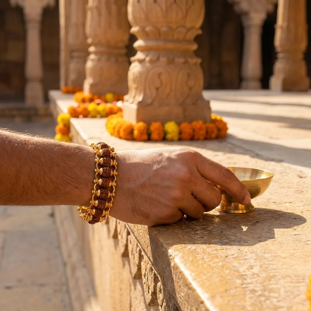 5 Mukhi Rudraksha Bracelet – Gold-Plated Alloy Beads, Convertible Jewelry for Men & Women