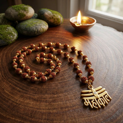 Rudraksha Mala with Gold-Plated Brass Pendant – 108 Beads
