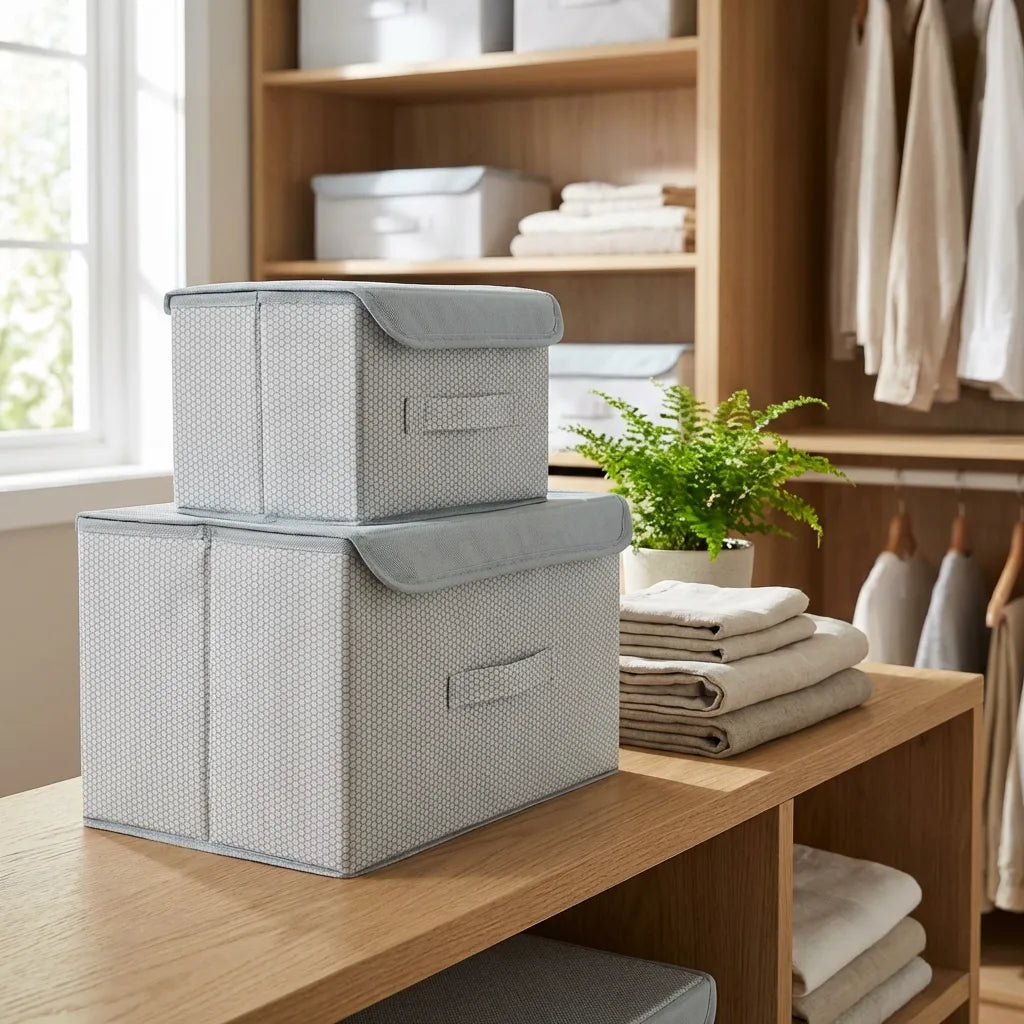 Foldable Non-Woven Big and Small Storage Basket Bins Wardrobe Closet Organizer (Pack of 2)