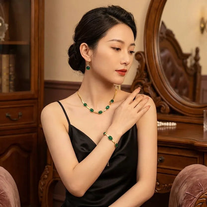 Oval Green Crystal Pendant Necklace Set With Bracelet